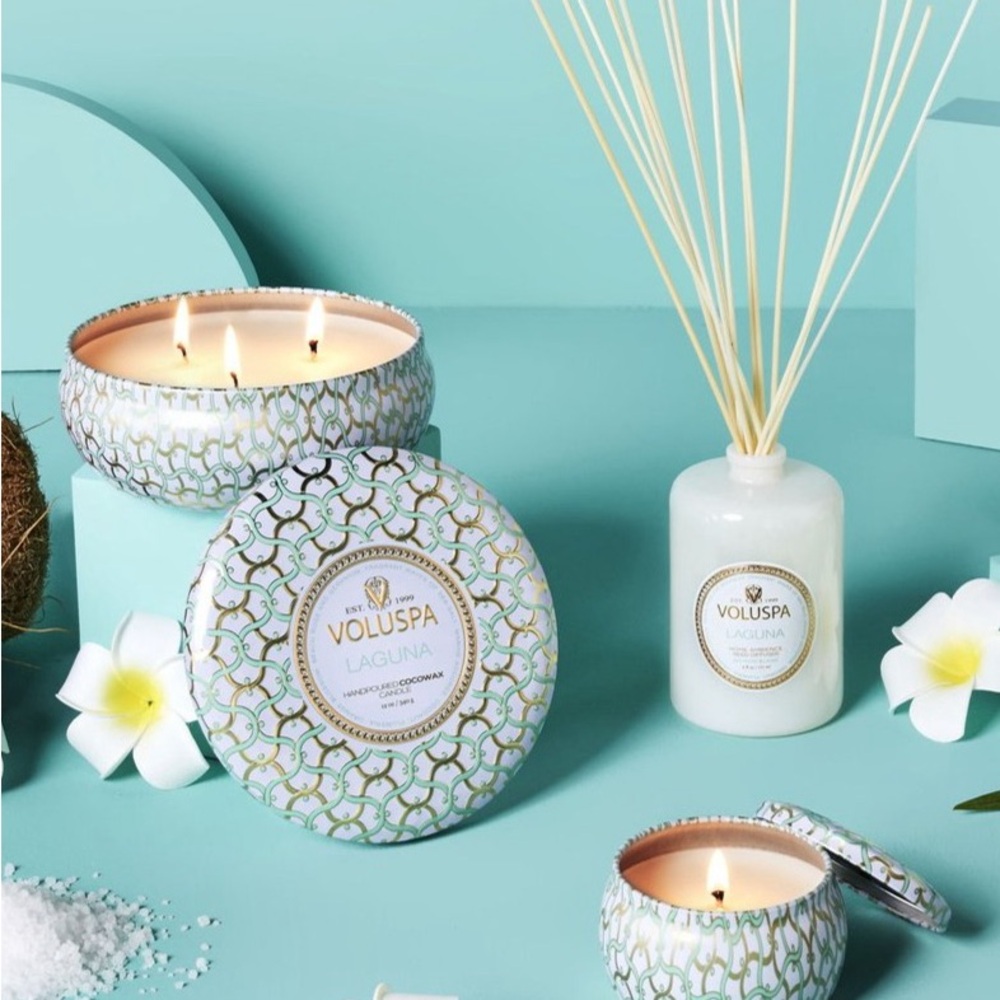 Voluspa Laguna Candle and Diffuser  White and Gold Accents